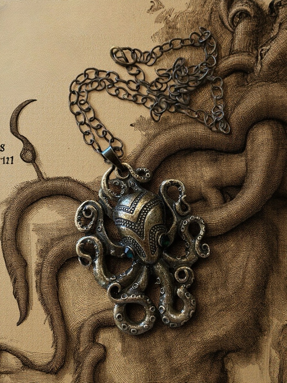 Bronze Octopus/Kraken Pendant Necklace with Green Accent Eyes - Picture 5 of 17